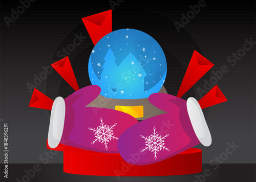 Mockup product display with Mitten Glove and Snow Globe. Vector cylinder pedestal podium. Stage showcase for presentation. Minimal geometric forms.