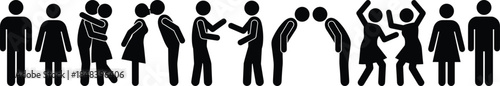 People interaction silhouette icons, couples hugging, greeting, arguing, celebrating, social relationships, emotions, communication, body language, lifestyle concept