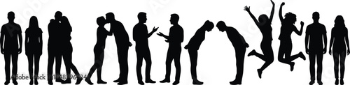 People interaction silhouettes collection, couples arguing, talking, kissing, celebrating, emotions, relationships, communication, social behavior, lifestyle concept