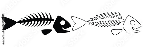 Fish skeletons facing each other in black and white,fish skeleton bone icon vector illustration design,Fish bone icon. Simple solid style. Wishbone skeleton, fish skull, head and tail,