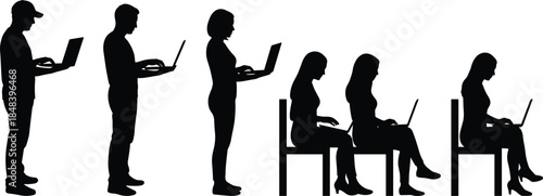 Silhouette people using laptops standing and sitting work positions showing modern technology lifestyle productivity isolated white background office concept design