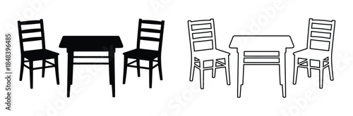 Minimalist dining table and chair silhouettes in black and white.Wooden chair.Chair icon set in flat style.Chair and Seating icons silhouettes vector design template.modern soft fabric office 