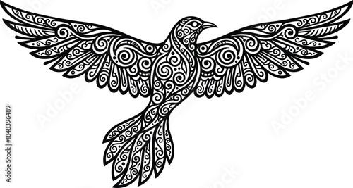Ornamental flying bird vector illustration, decorative black and white tribal style wings spread design with intricate patterns for tattoo, logo, wall art