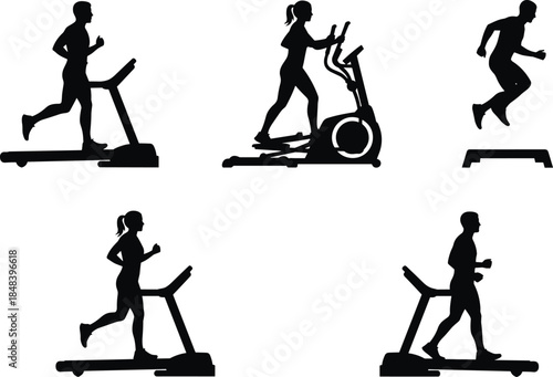 Set of fitness silhouettes showing people exercising indoors on treadmill, elliptical machine, and step platforms, black and white vector illustration, gym workout routine, cardio training.