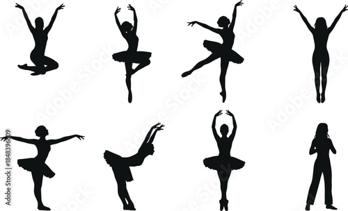 Ballet dancer silhouette collection, classical dance poses, elegant female movement, graceful performance vector illustration, isolated black ballerina figures on white background