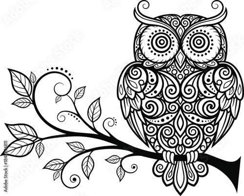 Decorative ornamental owl with elaborate filigree pattern perched on a leafy branch, black and white vector design, elegant stylized stencil illustration for tattoo, print, and logo.