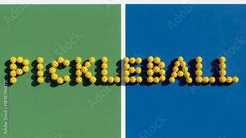 the word “PICKLEBALL” spelled out using realistic yellow pickleball balls