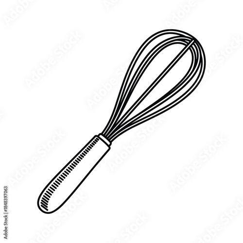 Simple black and white illustration of a whisk