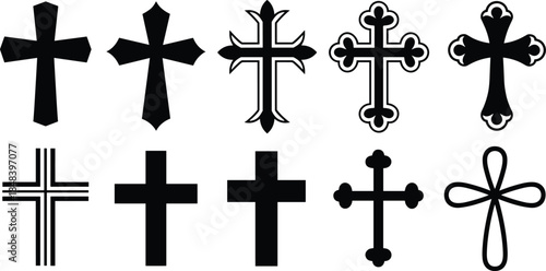 Christian cross icon collection set, religious symbol silhouettes, black minimal vector designs for church faith worship branding illustration graphic pack