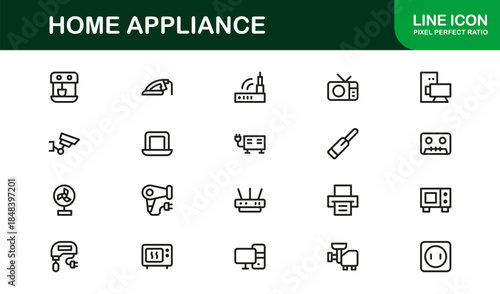 Modern Home Appliance Line Icon Set – Professional minimal kitchen and electronics vector collection for digital projects