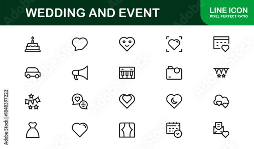 Wedding and Event Professional Line Icon Set with Modern Minimalist Vector Design for Elegant Celebrations and Special Occasions