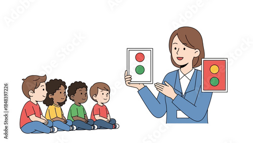 A teacher presents a color card to attentive children in a classroom setting for early learning.