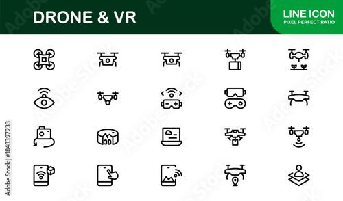 Drone and Virtual Reality line icon set – Modern professional vector icon collection for tech, innovation, and smart device industries.
