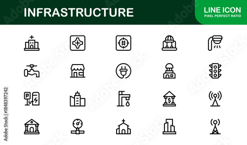 Modern Infrastructure Line Icon Set – Professional minimal vector symbols for urban planning, construction, and technology.