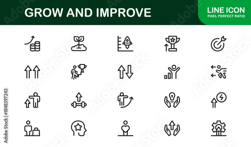 Modern line icon set – Professional minimal growth and progress symbols, sleek vector outline icons for business, finance, and development.