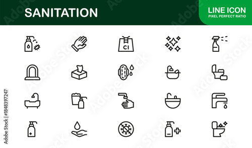 Sanitation Essentials Modern Line Icon Collection – Professional Vector Icon Set for Cleanliness and Hygiene Themes