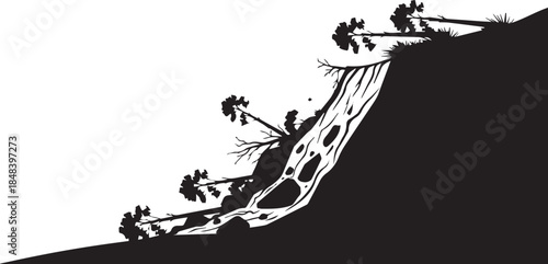 Landslide Cliff Silhouette with Falling Trees