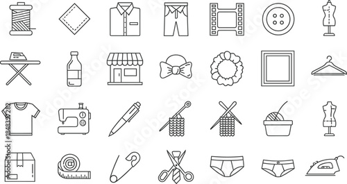Sewing and tailoring outline icons set, clothing tools fashion symbols, minimal line vector illustrations for atelier, craft, web design projects