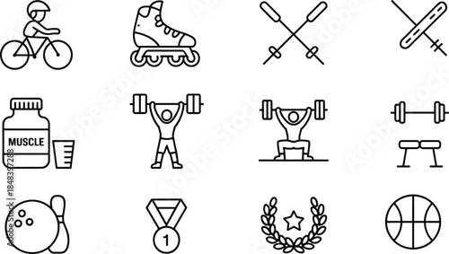 Sport fitness icon set collection, exercise equipment activities symbols, black outline vector illustrations for gym training wellness design