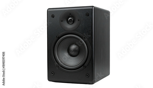 Black audio speaker with two drivers, a tweeter, and a woofer