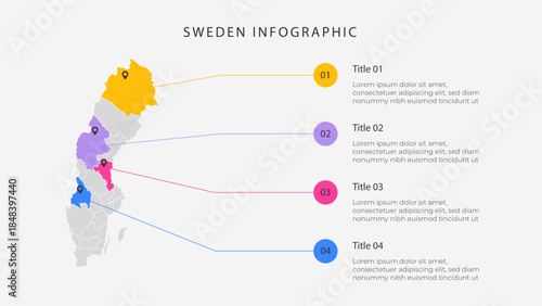 Sweden map infographic template with 4 options. Sweden political map infographic for presentation.