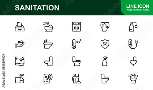 Sanitation Essentials Modern Line Icon Collection – Professional Vector Icon Set for Cleanliness and Hygiene Themes