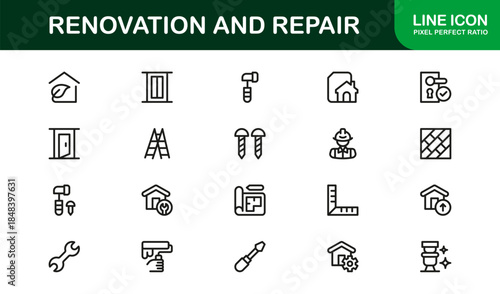 Professional Renovation Line Icon Set – Modern, minimal vector icons for home repair, construction, and tools in a clean outline collection.