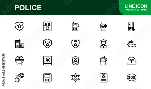 Police line icon set – Professional minimal law enforcement symbols in crisp vector outline style for versatile use