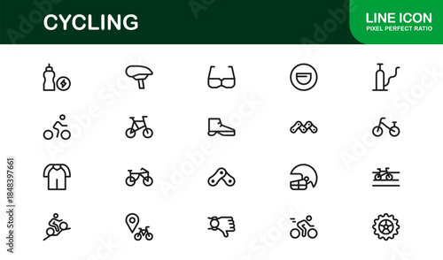 Cycling essentials in modern line icon set featuring minimal, stylish, and versatile illustrations of biking, gear, helmets, and sports accessories. Perfect for premium digital content.