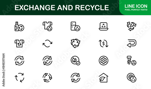 Professional line icon pack for recycling and trade – Modern unique outline symbols for sustainability, economy, and green investment concepts.