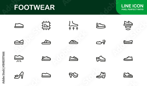 Footwear line icon set with modern details. Footwear Professional Line Icon Set – Modern, Minimal, and Stylish Outline Vector Icons Featuring Shoes, Sneakers, Heels, Boots, and More
