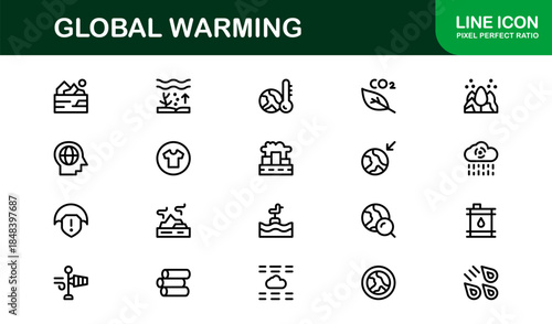 Modern Global Warming Line Icon Pack – Unique Outline Symbols for Sustainability, Green Energy, and Earth Protection Themes