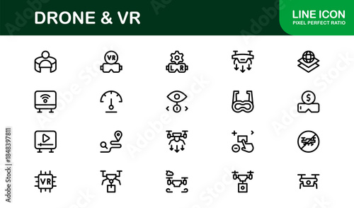 Drone and Virtual Reality line icon set – Modern professional vector icon collection for tech, innovation, and smart device industries.