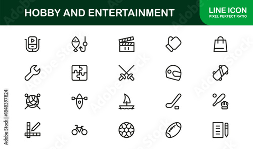 Hobby Entertainment Line Icon Set – Professional Minimal Vector Icons for Creative Projects, Leisure Activities, and Fun Pastimes