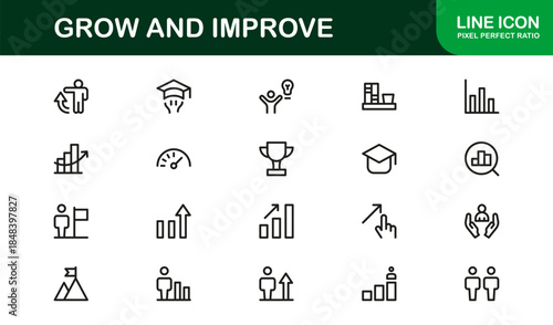 Modern line icon set – Professional minimal growth and progress symbols, sleek vector outline icons for business, finance, and development.