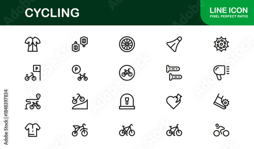 Cycling essentials in modern line icon set featuring minimal, stylish, and versatile illustrations of biking, gear, helmets, and sports accessories. Perfect for premium digital content.
