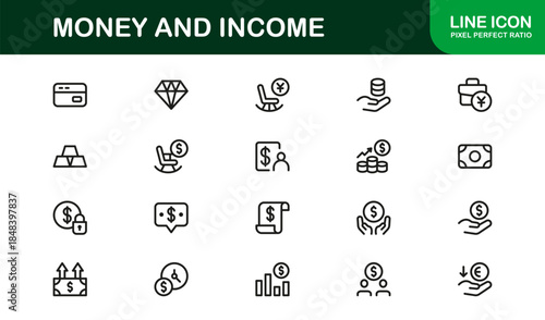 Modern Money Line Icon Set – Professional minimal outline icons for finance, income, and investment in crisp vector style.