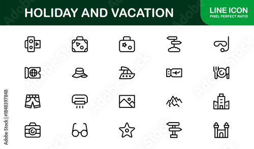 Holiday Vacation Line Icon Set – Modern Minimal Outline Icons for Travel, Beach, Summer, and Relaxation Themes
