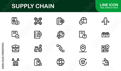 Supply Chain Line Icon Set – Professional Minimal Vector Icons for Logistics, Shipping, and Inventory Management