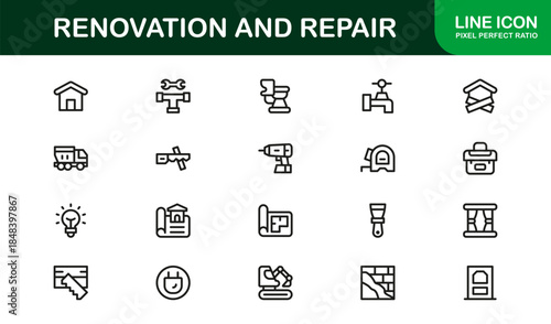 Professional Renovation Line Icon Set – Modern, minimal vector icons for home repair, construction, and tools in a clean outline collection.