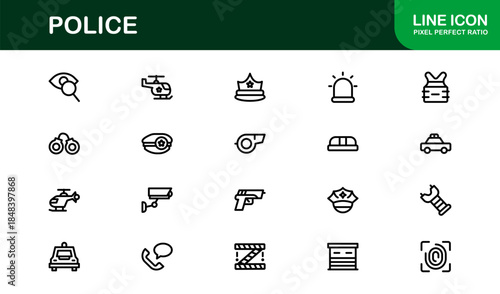 Police line icon set – Professional minimal law enforcement symbols in crisp vector outline style for versatile use
