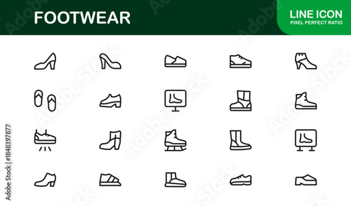 Footwear line icon set with modern details. Footwear Professional Line Icon Set – Modern, Minimal, and Stylish Outline Vector Icons Featuring Shoes, Sneakers, Heels, Boots, and More