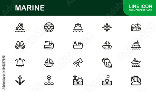 Marine Life Professional Line Icon Set Featuring Modern Minimal Vector Designs for Nautical, Ocean, and Sea Themed Projects