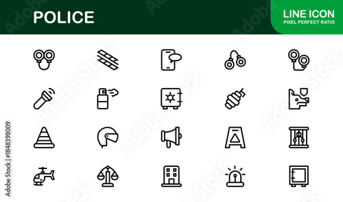Police line icon set – Professional minimal law enforcement symbols in crisp vector outline style for versatile use