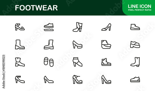 Footwear line icon set with modern details. Footwear Professional Line Icon Set – Modern, Minimal, and Stylish Outline Vector Icons Featuring Shoes, Sneakers, Heels, Boots, and More