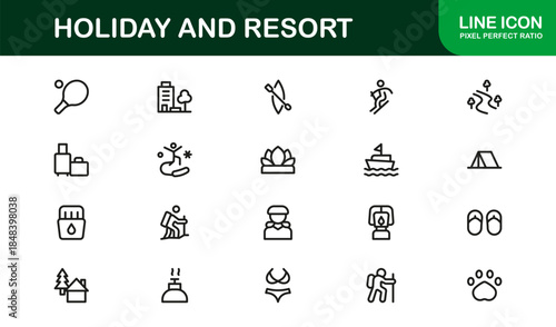 Holiday and Resort Modern Line Icon Collection with Unique Minimalist Professional Vector Symbols for Travel, Vacation, and Relaxation