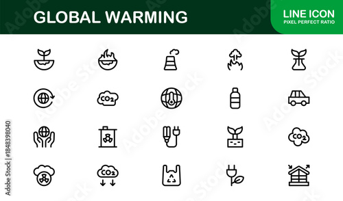 Modern Global Warming Line Icon Pack – Unique Outline Symbols for Sustainability, Green Energy, and Earth Protection Themes