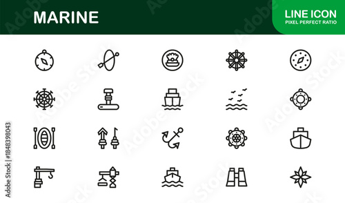 Marine Life Professional Line Icon Set Featuring Modern Minimal Vector Designs for Nautical, Ocean, and Sea Themed Projects