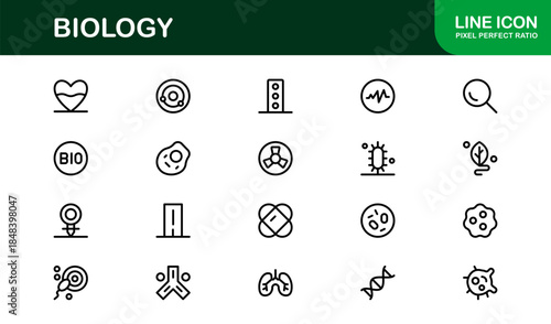 Biology Line Icon Set – Professional Modern Lab Symbols, DNA, Cells, and Scientific Research Icons in Minimal Outline Style