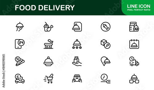 Food Delivery Line Icon Set – Professional Minimal Outline Icons for Apps, Websites, and Digital Services, Modern Vector Graphics Pack